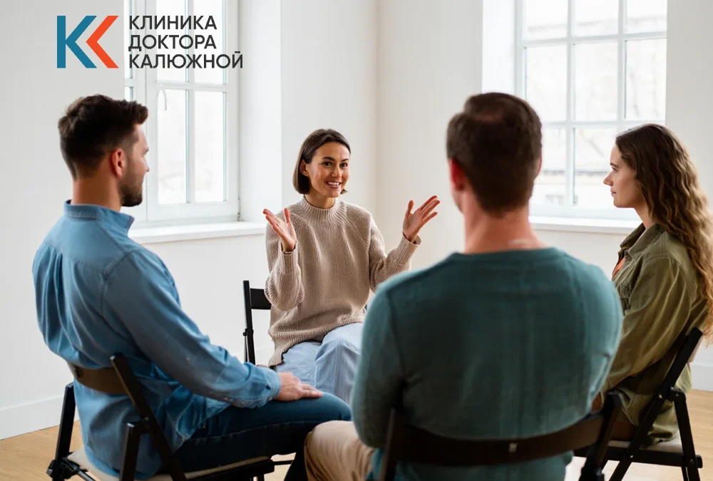 Группа пациентов, проходящих реабилитацию алкоголиков